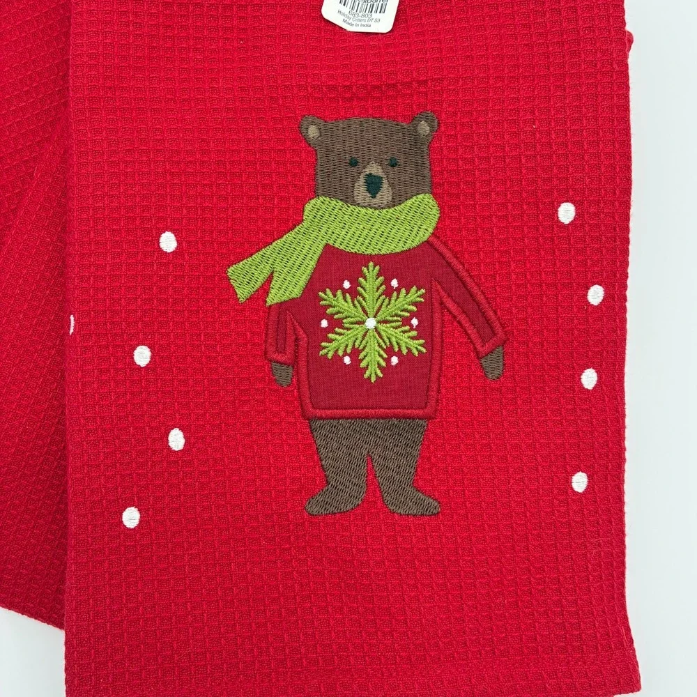 Crate and Barrel Holiday Critters Kitchen Towels Set of 3 Christmas Bear Deer